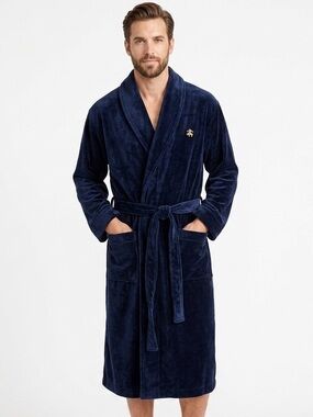 Brooks Brothers 1818 Navy Velvet Fleece Cotton Robe L/XL